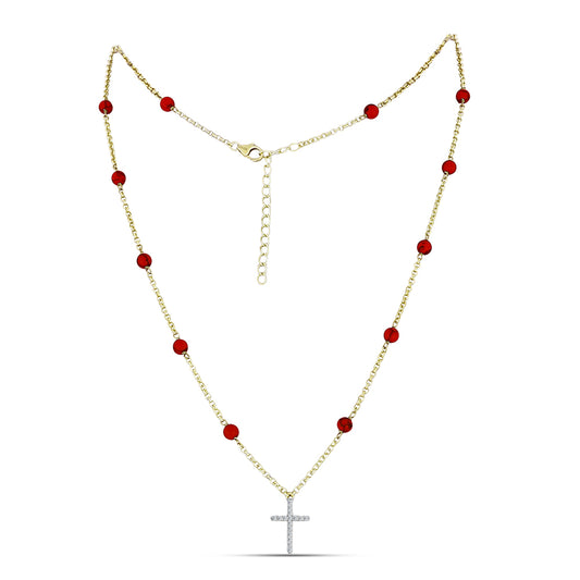 Pozlátený Strieborný Náhrdelník s Červeným Hubovitým Koralom a Bielym Topásom
