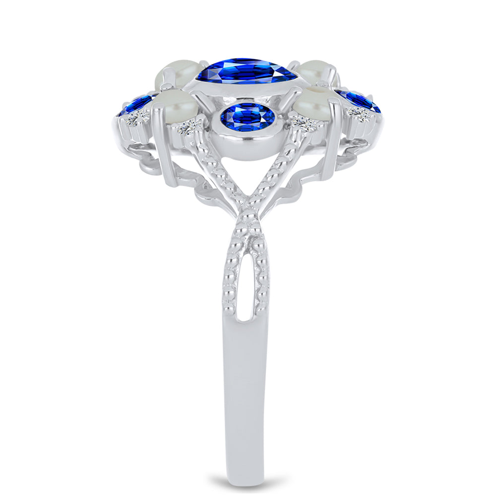 Strieborný Prsteň s Austrálskym Modrým Zafírom a so Sladkovodnou Bielou Perlou