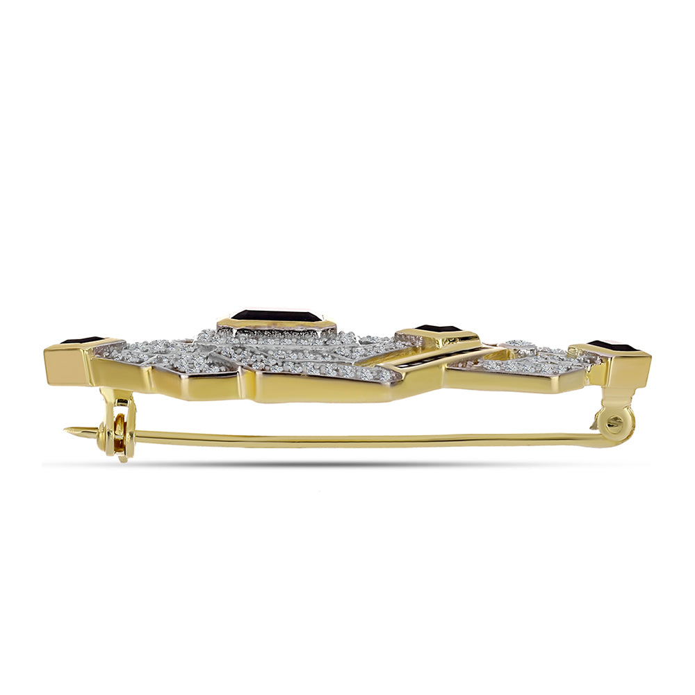 Pozlátený Strieborný Brošňa s Čiernym Ónyxom a Bielym Topásom