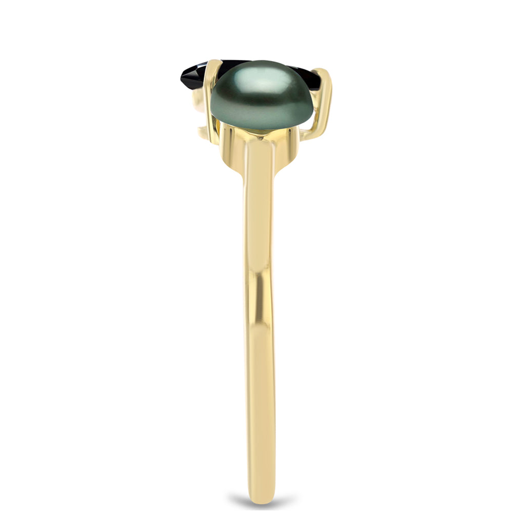 Pozlátený Strieborný Prsteň s so Sladkovodnou perlou v podobe Tahitskej zelenej ilúzie a Čiernym Spinelom z Gorno Badakhshanu