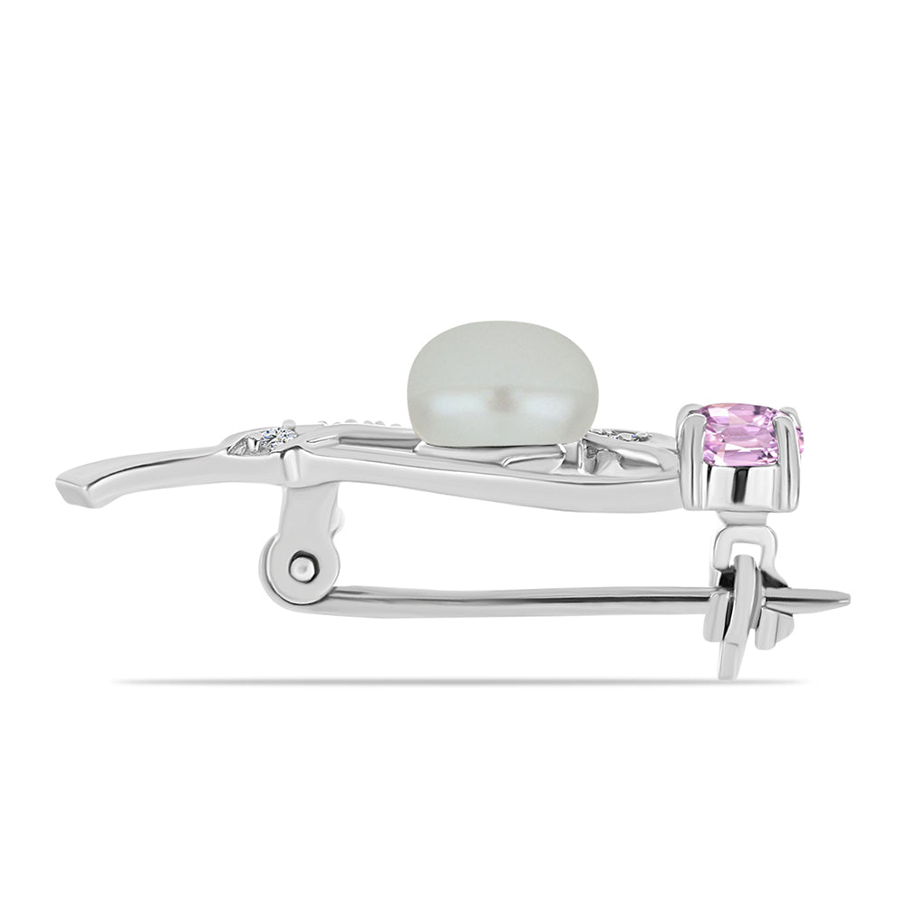Strieborný Brošňa s Kunzitom z Pala a Bielou Kultivovanou Perlou
