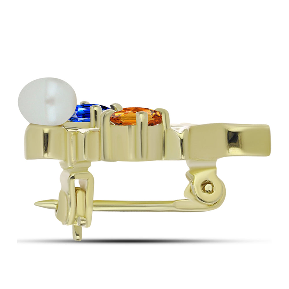 Pozlátený Strieborný Brošňa s Dúhovým Zafírom a so Sladkovodnou Bielou Perlou
