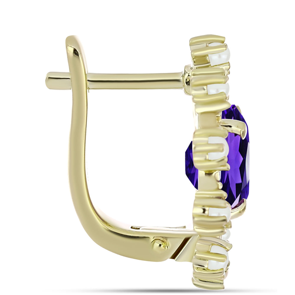 Pozlátené Strieborné Náušnice s Marockým Ametystom a Bielou Sladkovodnou Perlou