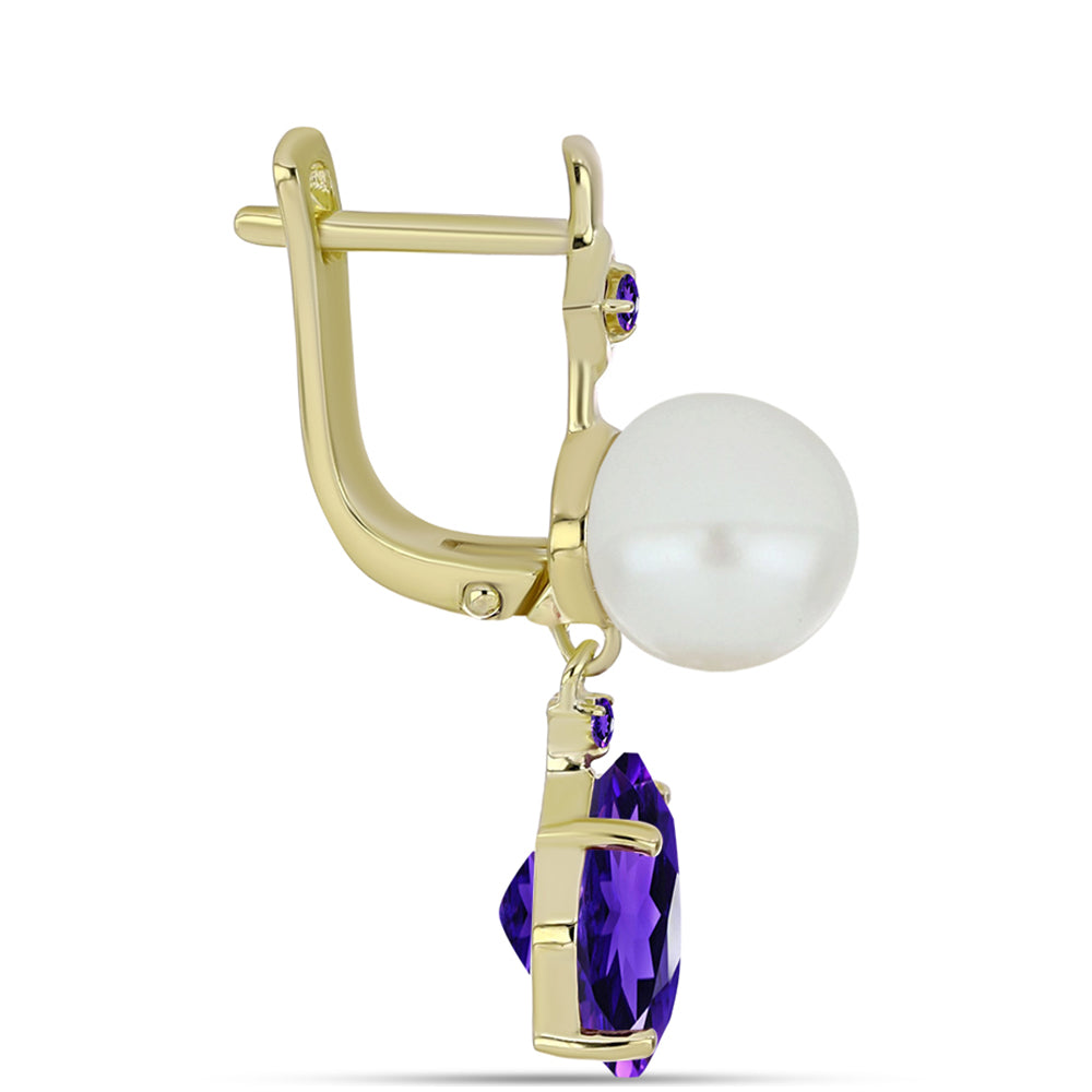 Pozlátené Strieborné Náušnice s Marockým Ametystom a Bielou Sladkovodnou Perlou