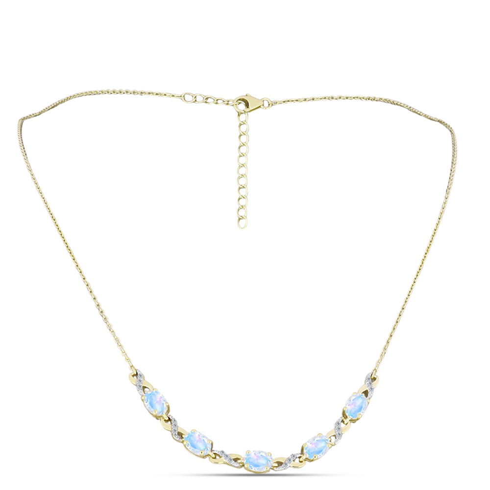 Pozlátený Strieborný Náhrdelník s Dúhovým Mesačným Kameňom a Bielym Topásom