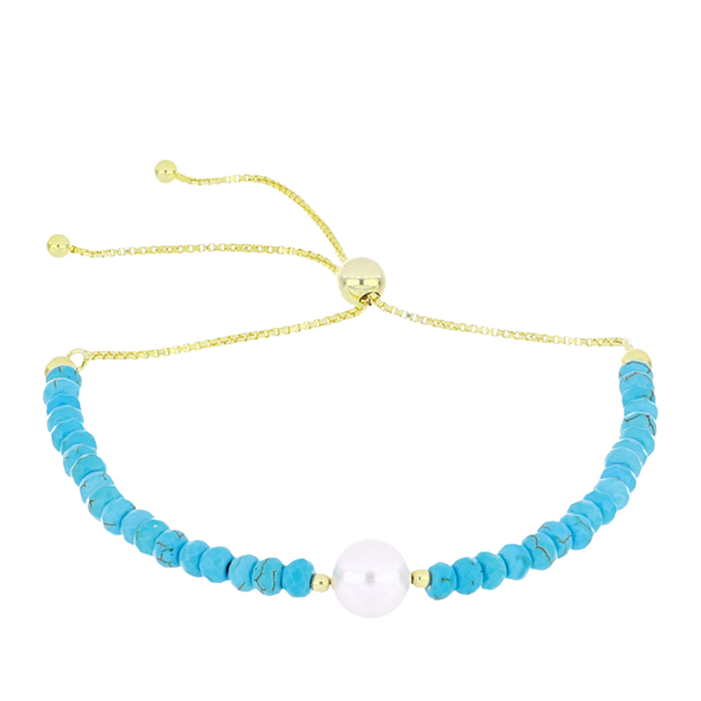 Pozlátený Strieborný Náramok s so Sleeping Beauty Tyrkysom a Bielou Sladkovodnou Perlou
