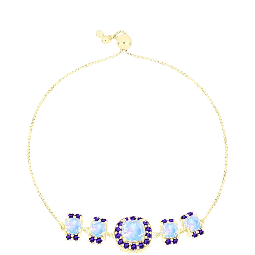 Pozlátený Strieborný Náramok s Dúhovým Mesačným Kameňom a Marockým Ametystom