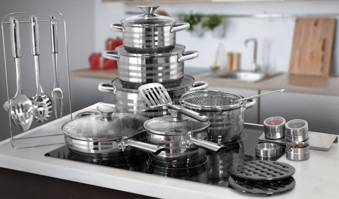 Blaumann 27dílná sada nádob z nerezovej ocele so saténovým dekoratívnym prúžkom, Gourmet Line