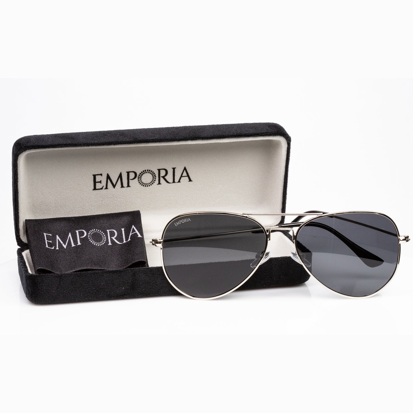 Emporia Italy - séria Aviator "ŠÉF", polarizované slnečné okuliare s UV filtrem, s pevným puzdrom a čistiacou handričkou, tmavosivé šošovky, obrúčky striebornej farby