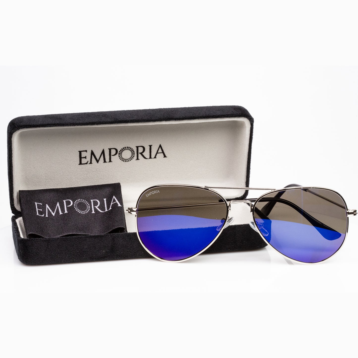 Emporia Italy - séria Aviator "LAGÚNA", polarizované slnečné okuliare s pevným puzdrom a čistiacou handričkou, modrofialové šošovky, obrúčky striebornej farby