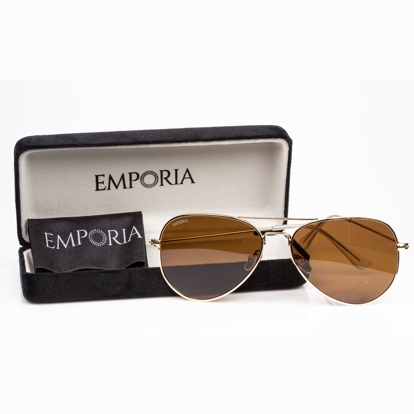 Emporia Italy - séria Aviator "PÚŠŤ", polarizované slnečné okuliare s UV filtrem, s pevným puzdrom a čistiacou handričkou, svetlo hnedé šošovky, obrúčky zlatej farby