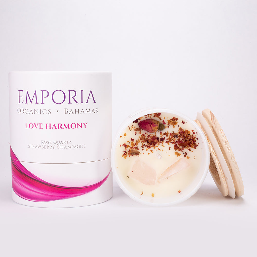 Emporia Organics Sklenená Sviečka: Bahamy - LOVE HARMONY, s Ruženínom, s vôňou jahôd a šampanského, 100% sójový vosk, 230 g