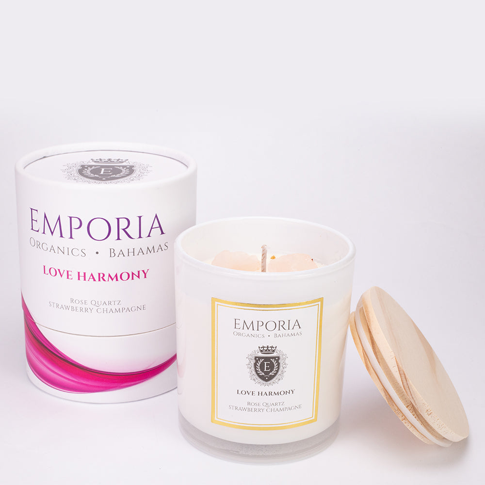 Emporia Organics Sklenená Sviečka: Bahamy - LOVE HARMONY, s Ruženínom, s vôňou jahôd a šampanského, 100% sójový vosk, 230 g