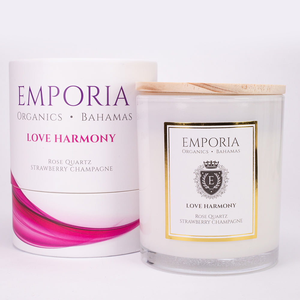 Emporia Organics Sklenená Sviečka: Bahamy - LOVE HARMONY, s Ruženínom, s vôňou jahôd a šampanského, 100% sójový vosk, 230 g