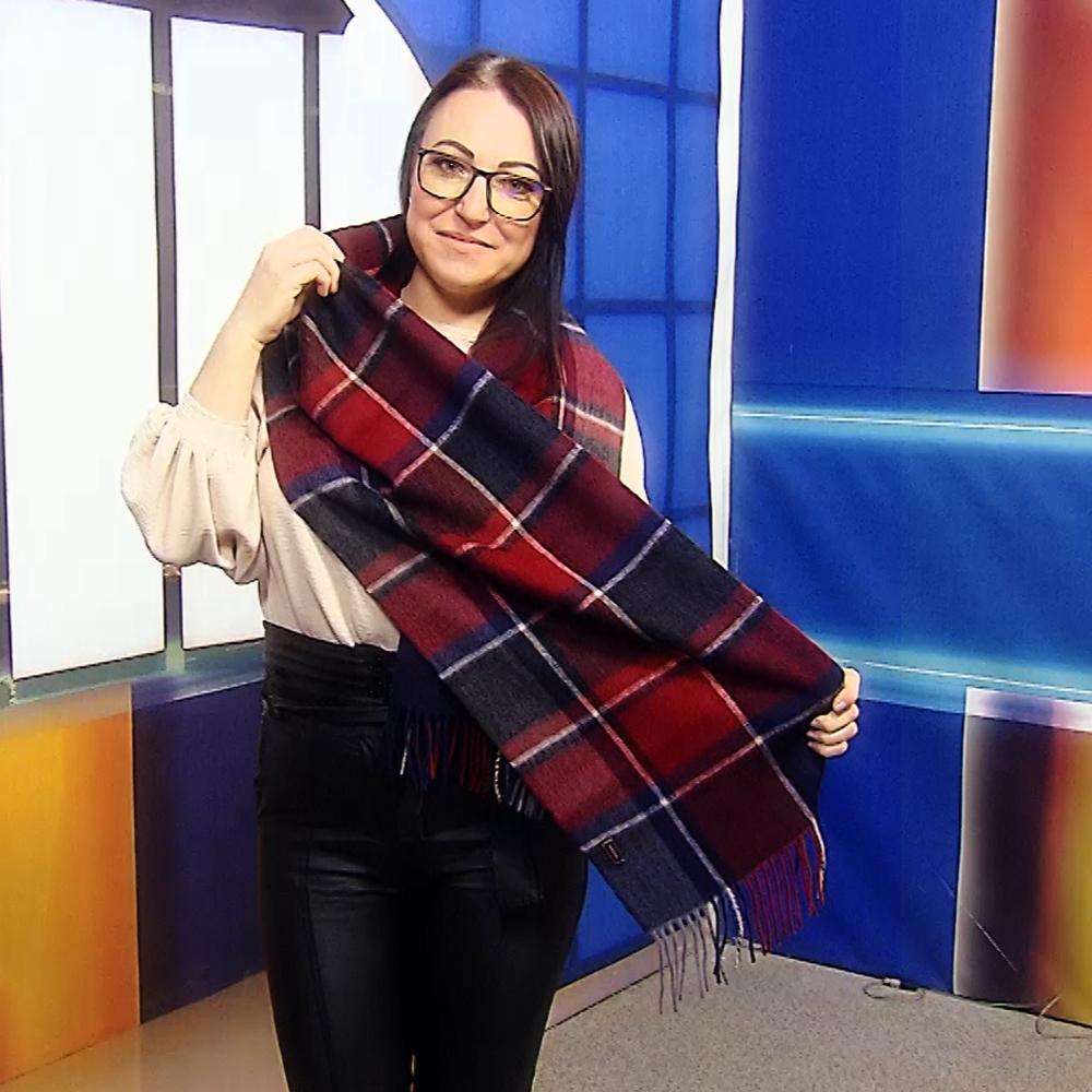 Šál zo 100% Pravé Vlny, 30 cm x 165 cm, Vínový a Námornícky modrý vzor
