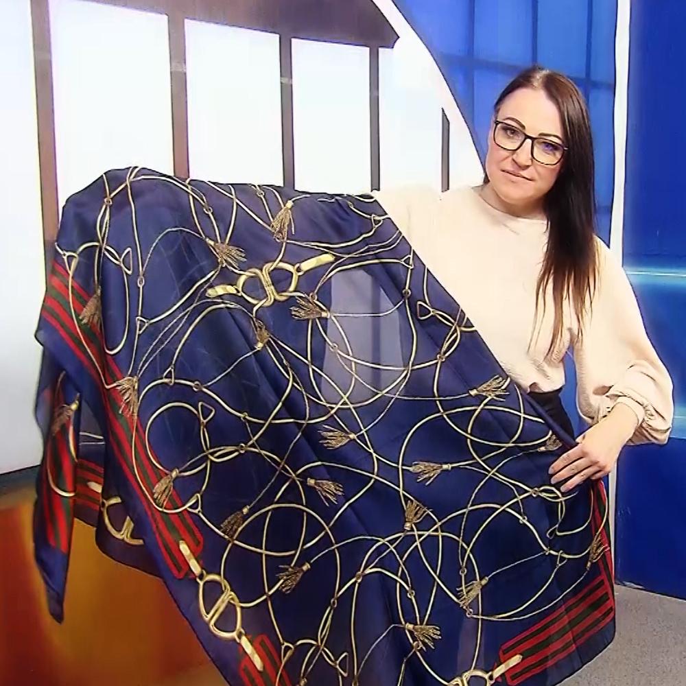 Šál-šatka zo 100% Pravého Hodvábu, 90 cm x 180 cm, Námornícka modrá so zlatou reťazou
