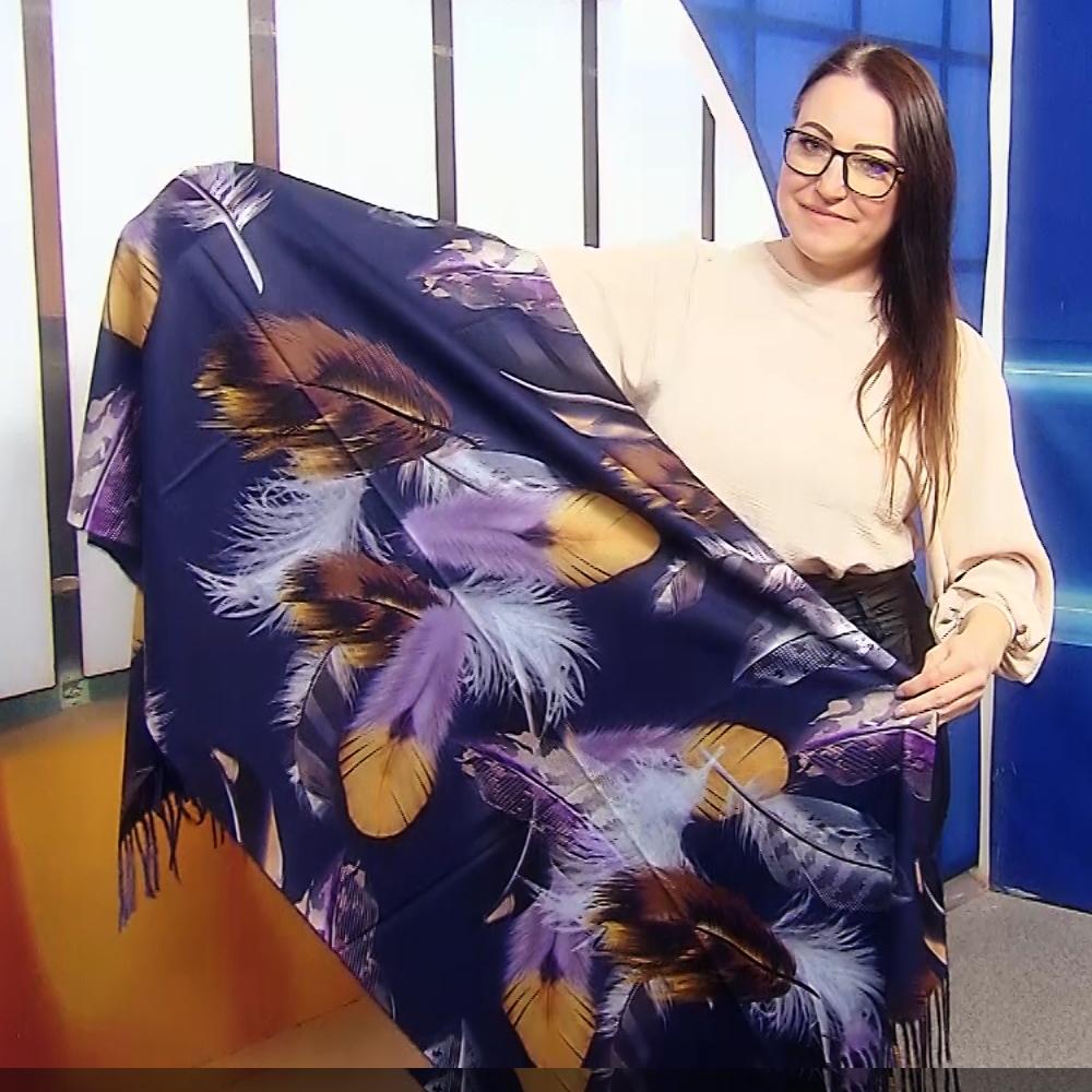 Vlnený šál-šatka, 70 cm x 180 cm, Motív peria, Námornícka modrá