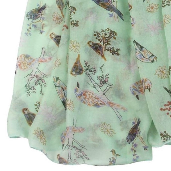 Šál-šatka so vzorom vtákov a kvetín, mätovo zelená, 90 cm x 180 cm
