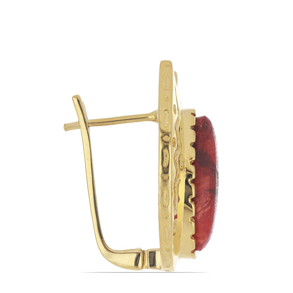 Pozlátené Strieborné Náušnice s Červeným Hubovitým Koralom