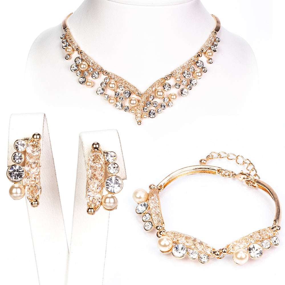 Pozlátené Zliatinové Sada s Bielym Emporia® Krištáľom ( Náhrdelník+Náušnice+Náramok )
