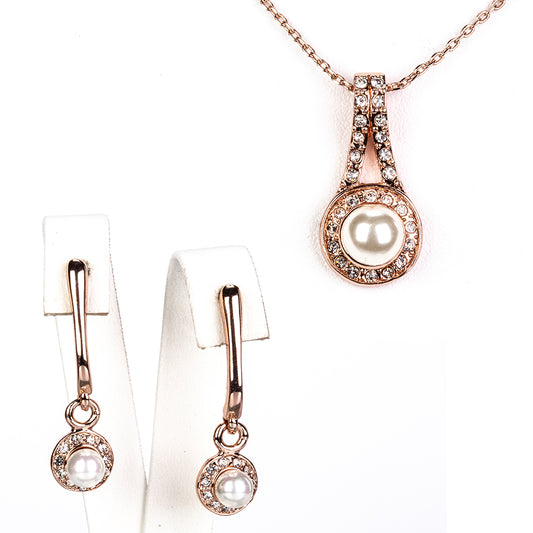 Pozlátené Zliatinové Sada s Sklenená perla a Bielym Emporia® Krištáľom ( Náhrdelník+Náušnice )