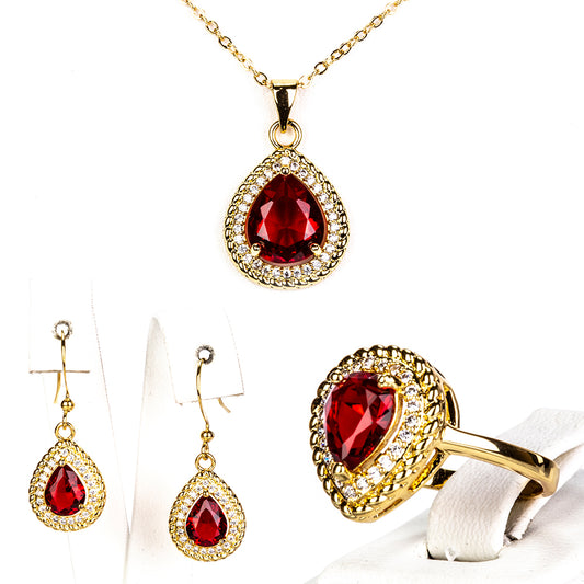 Pozlátené Zliatinové Sada s Červeným Emporia® Krištáľom ( Náhrdelník+Náušnice+Prsteň )