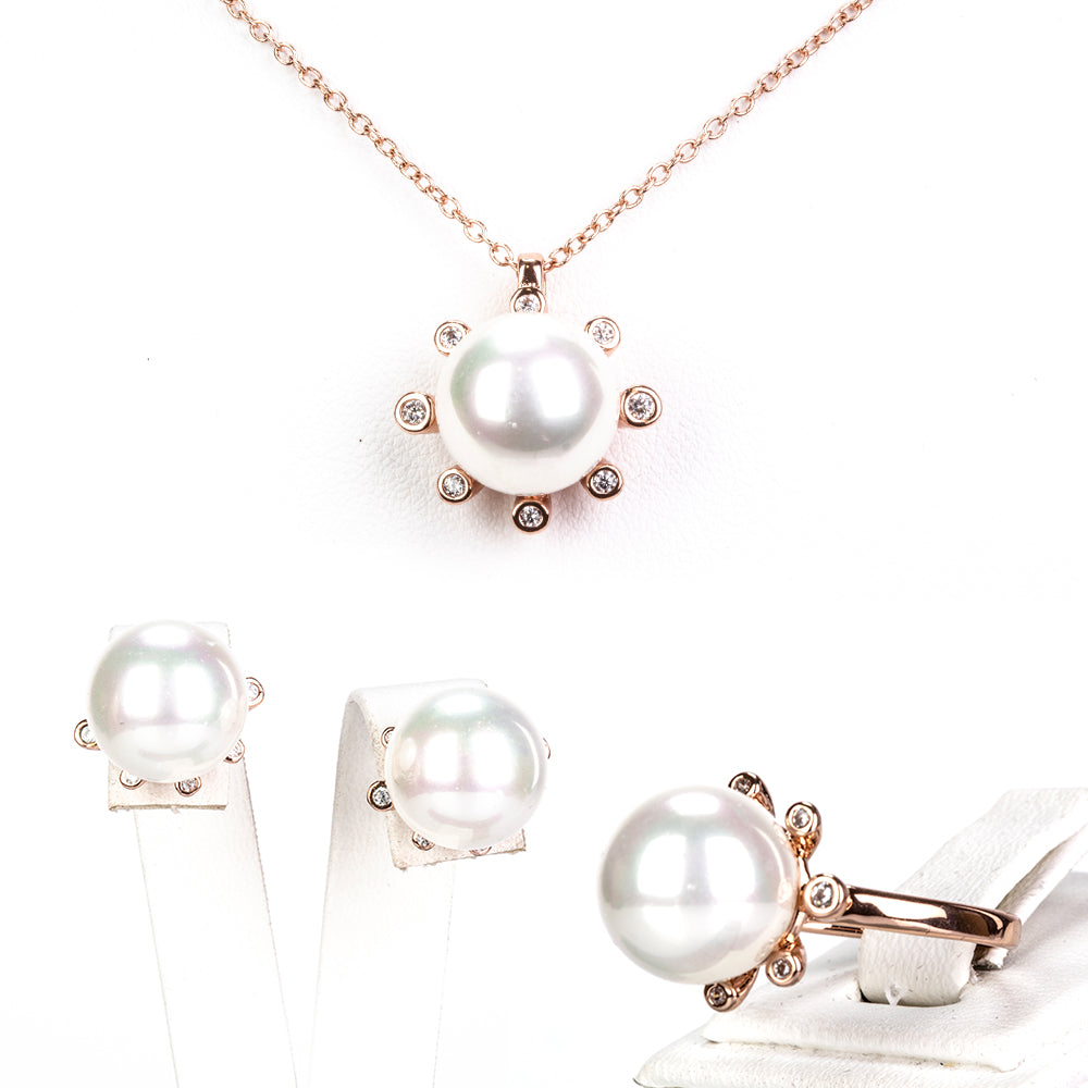 Pozlátené Zliatinové Sada s Sklenená perla a Bielym Emporia® Krištáľom ( Náhrdelník+Náušnice+Prsteň ) 1 