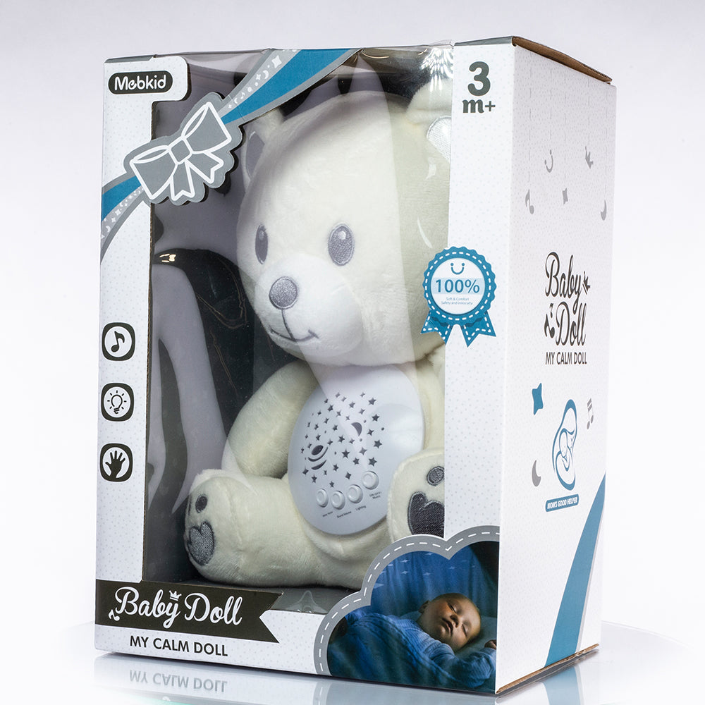 Hudobná plyšová figúrka v tvare medveďa, ktorá navodzuje spánok, s bielym šumom a nočným svetlom.