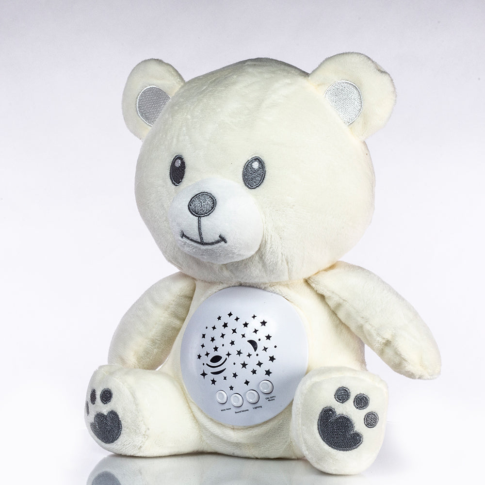 Hudobná plyšová figúrka v tvare medveďa, ktorá navodzuje spánok, s bielym šumom a nočným svetlom. 3 