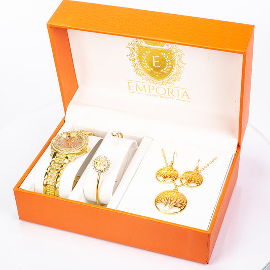 Pozlátený Zliatinový Hodinky s Bielym Emporia® Krištáľom ( Náhrdelník+Náušnice+Náramok+Prívesok )