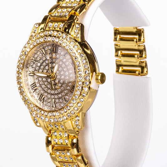 5dielna sada šperkov Emporia prémiovej kvality v zlatej farbe v exkluzívnej darčekovej krabičke s imitáciou kože (s hodinkami, náramkom, náhrdelníkom, náušnicami a prsteňom, s bielym kryštálom Emporia)