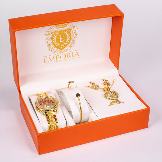 5dielna sada šperkov Emporia prémiovej kvality v zlatej farbe v exkluzívnej darčekovej krabičke s imitáciou kože (s hodinkami, náramkom, náhrdelníkom, náušnicami a prsteňom, s bielym kryštálom Emporia)