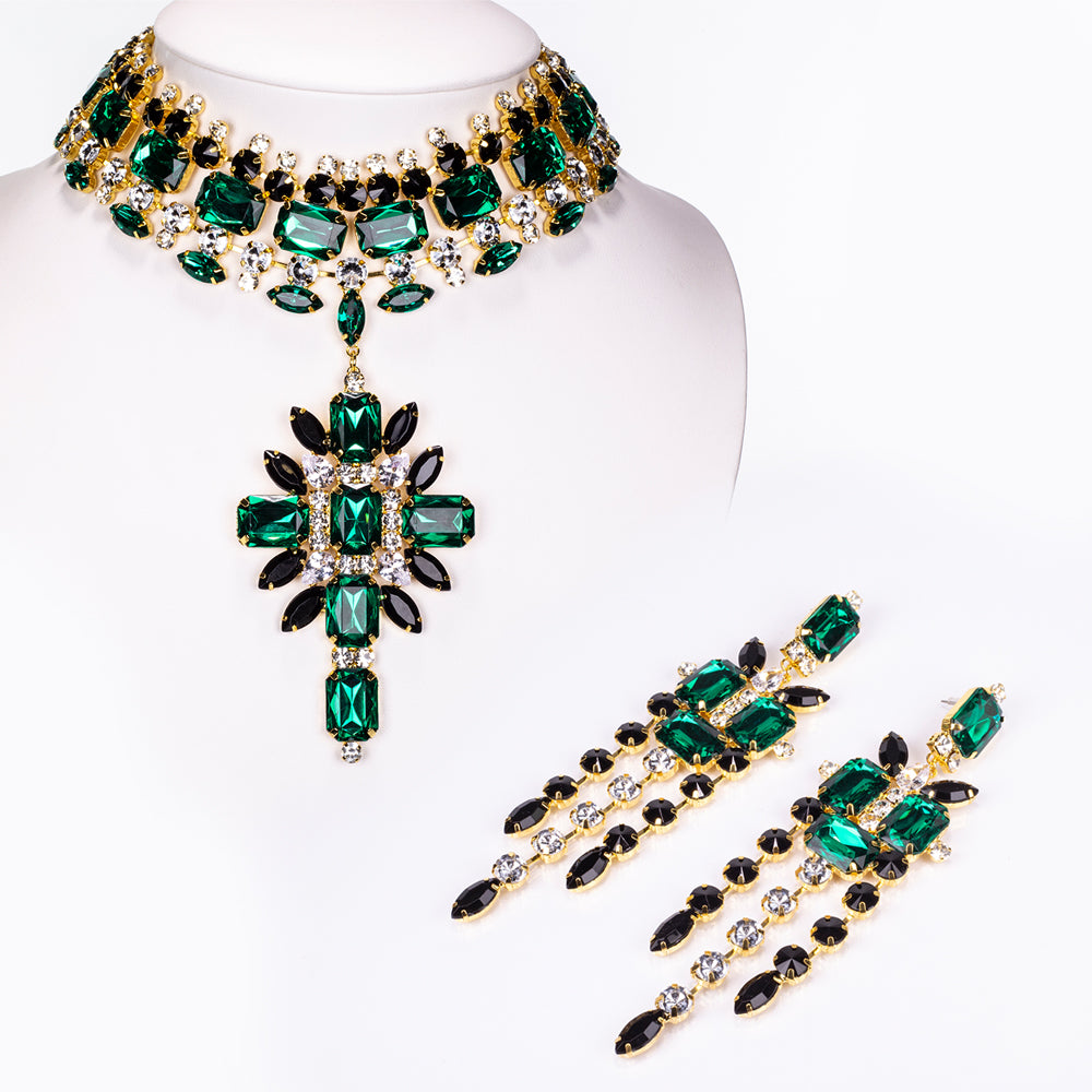 Pozlátené Zliatinové Sada s so Zeleným Emporia® Krištáľom a Bielym Emporia® Krištáľom ( Náhrdelník+Náušnice )