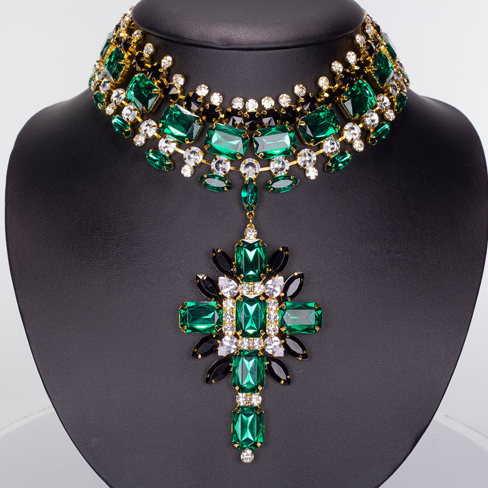 Pozlátené Zliatinové Sada s so Zeleným Emporia® Krištáľom a Bielym Emporia® Krištáľom ( Náhrdelník+Náušnice ) 4 