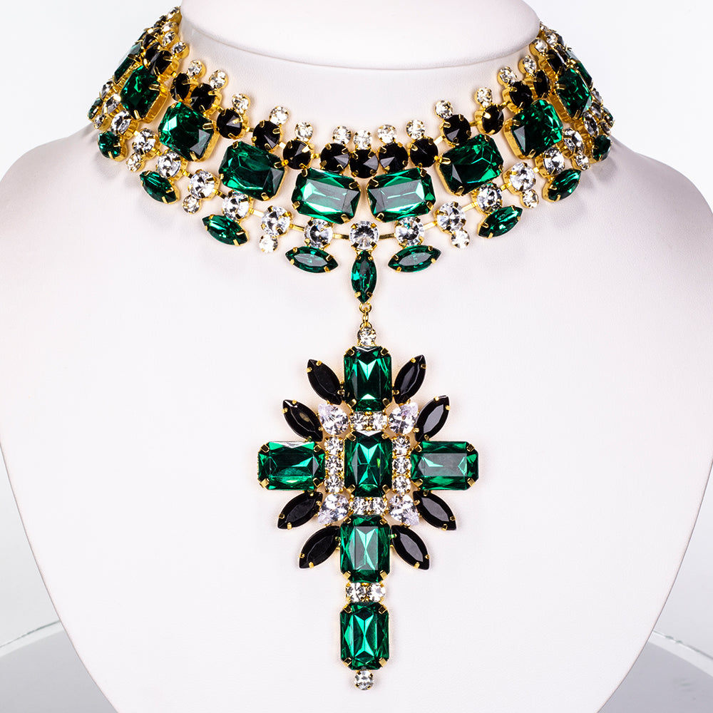 Pozlátené Zliatinové Sada s so Zeleným Emporia® Krištáľom a Bielym Emporia® Krištáľom ( Náhrdelník+Náušnice ) 5 