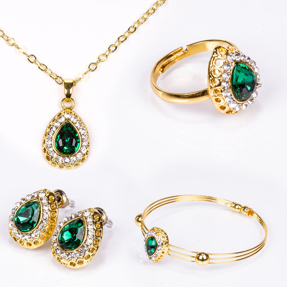 Pozlátené Zliatinové Sada s so Zeleným Emporia® Krištáľom a Bielym Emporia® Krištáľom ( Náhrdelník+Náušnice+Náramok+Prsteň +Prívesok ) 1 