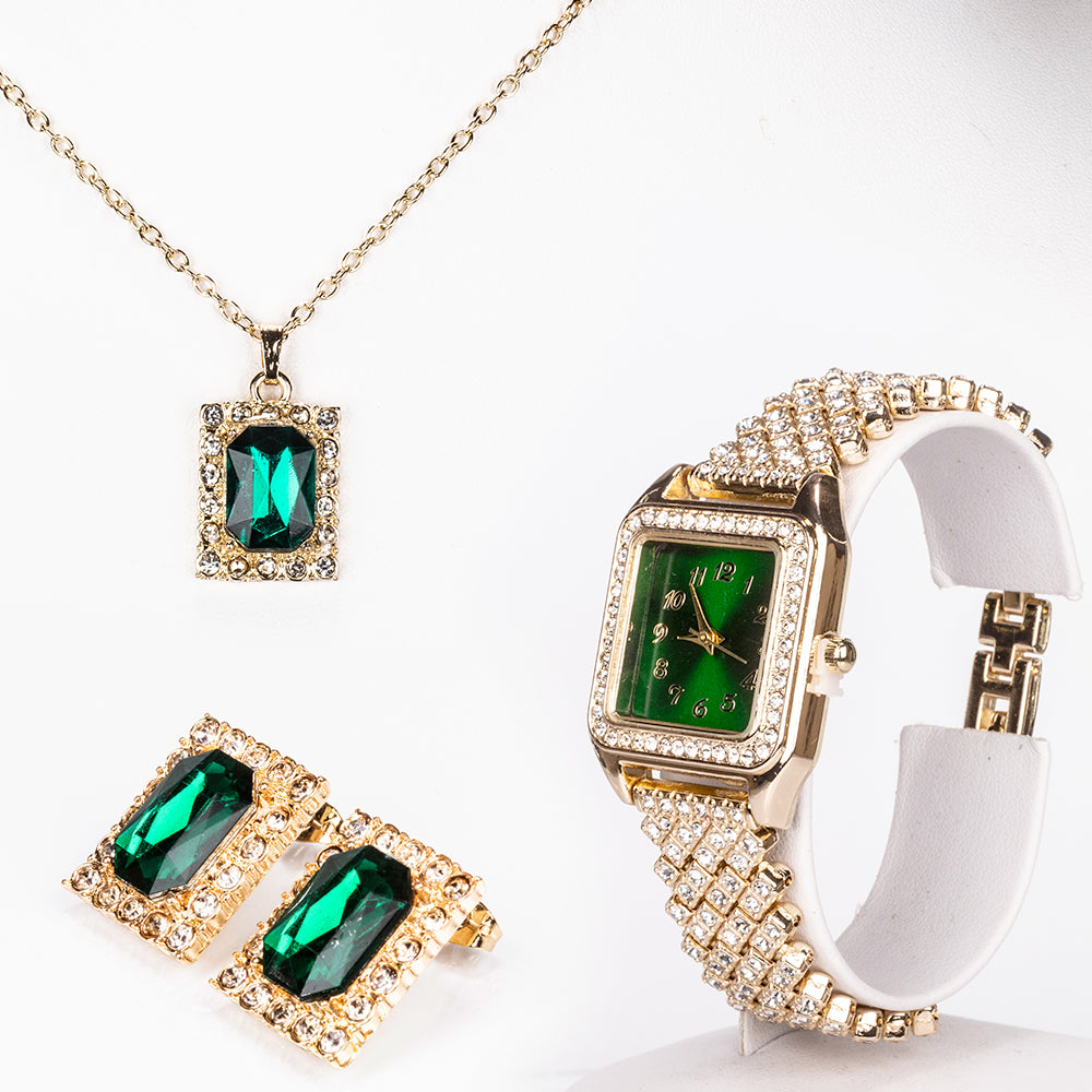 Pozlátený Zliatinový Hodinky s so Zeleným Emporia® Krištáľom a Bielym Emporia® Krištáľom ( Náhrdelník+Náušnice+Prívesok ) 1 