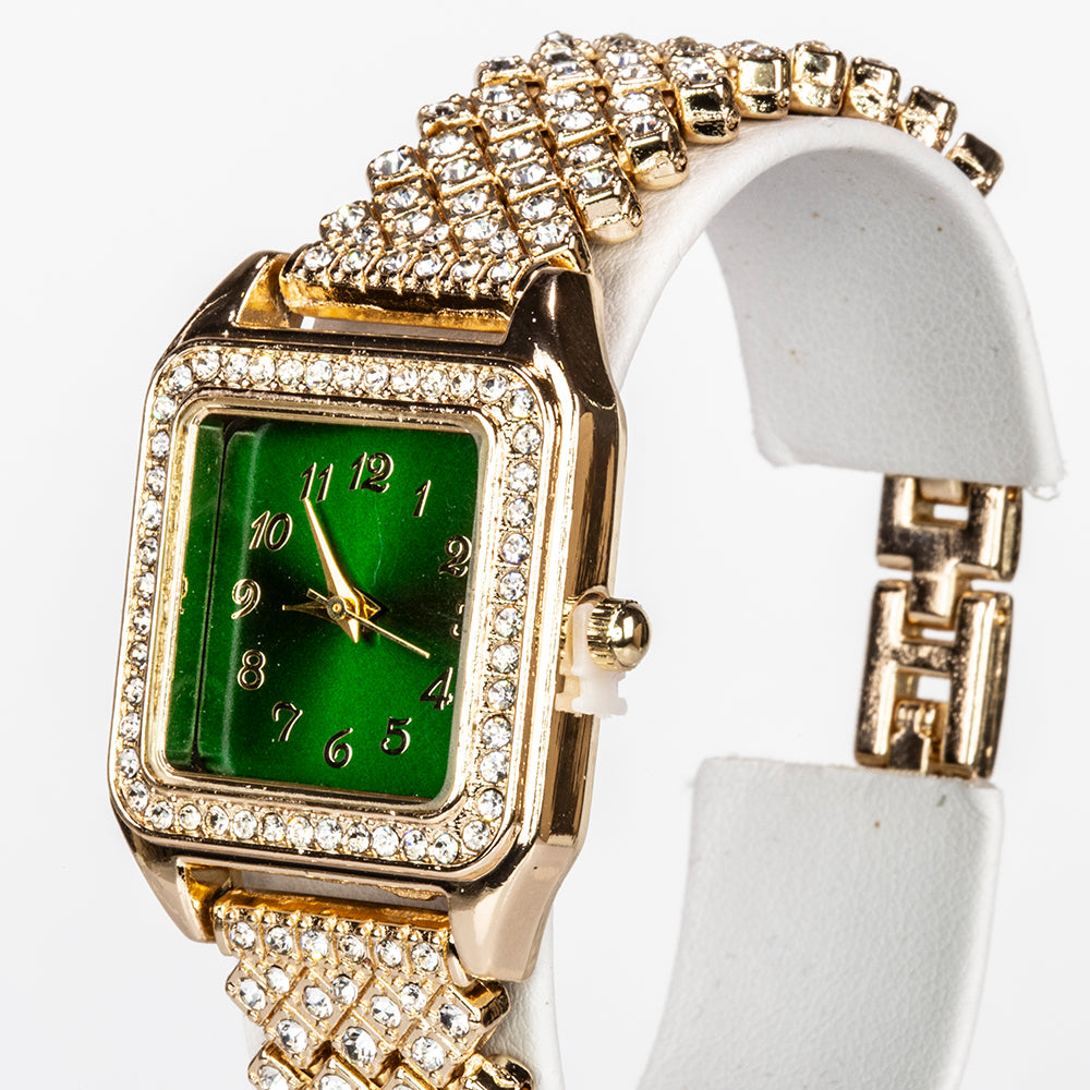 Pozlátený Zliatinový Hodinky s so Zeleným Emporia® Krištáľom a Bielym Emporia® Krištáľom ( Náhrdelník+Náušnice+Prívesok )