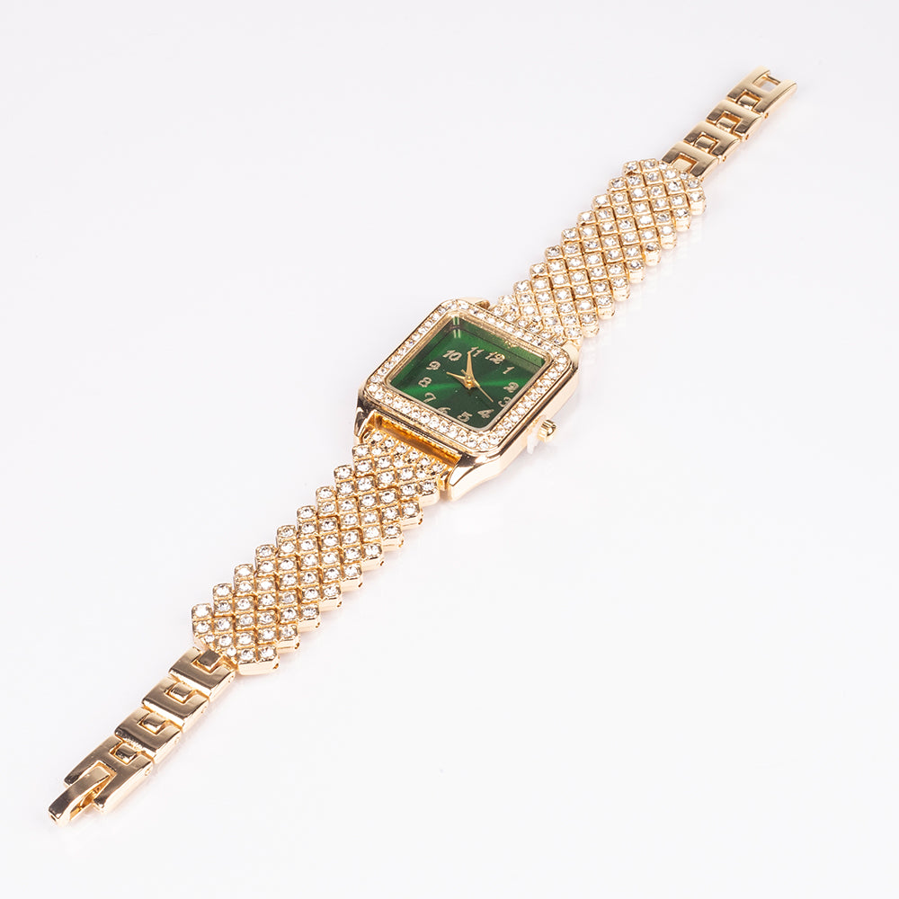 Pozlátený Zliatinový Hodinky s so Zeleným Emporia® Krištáľom a Bielym Emporia® Krištáľom ( Náhrdelník+Náušnice+Prívesok )