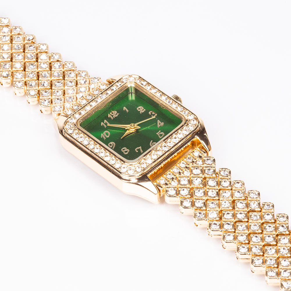 Pozlátený Zliatinový Hodinky s so Zeleným Emporia® Krištáľom a Bielym Emporia® Krištáľom ( Náhrdelník+Náušnice+Prívesok )