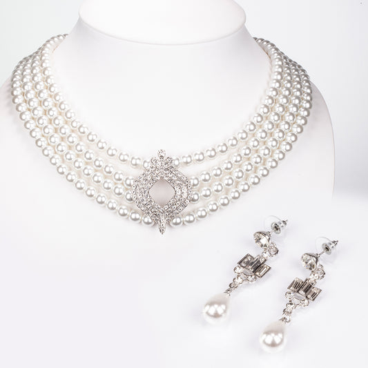 Pozlátené Zliatinové Sada s Sklenená perla a Bielym Emporia® Krištáľom ( Náhrdelník+Náušnice )