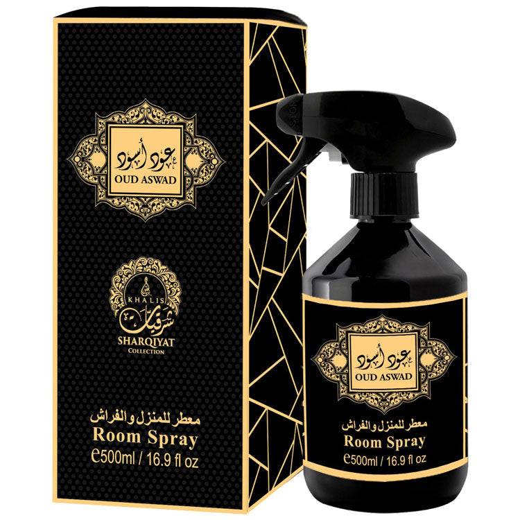 Room Spray ASWAD 500 ML (TOP: BLACK PEPPER, CYPRESS, PINEAPPLE, PINE, ROSEMARY; MIDDLE: FIRBALSAM, PATCHOULI, INCENSE; BASE: LABDANUM, AMBER, CITRUS, CASHMERE WOOD, VANILLA, DRY WOODS)