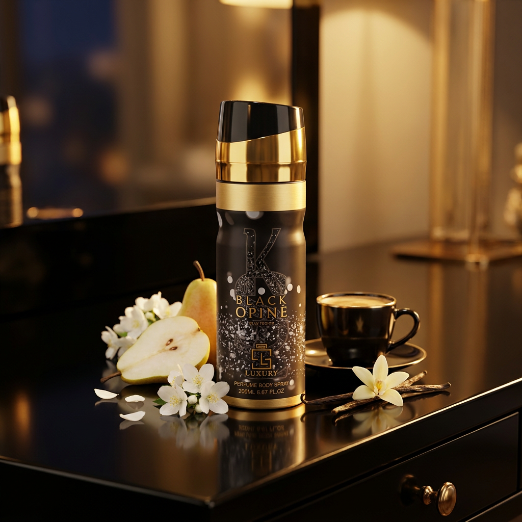 Perfume Body Spray BLACK OPINE 200 ML (Top: PINK PEPPER, ORANGE BLOSSOM, PEAR; Middle: WHITE FLOWERS, JASMINE, COFFEE; Base: VANILLA, PATCHOULI, CEDARWOOD, MUSK) 2 