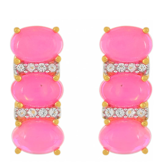 Pozlátené Strieborné Náušnice s Etiópskym Neonovoružovým Opálom a Bielym Topásom