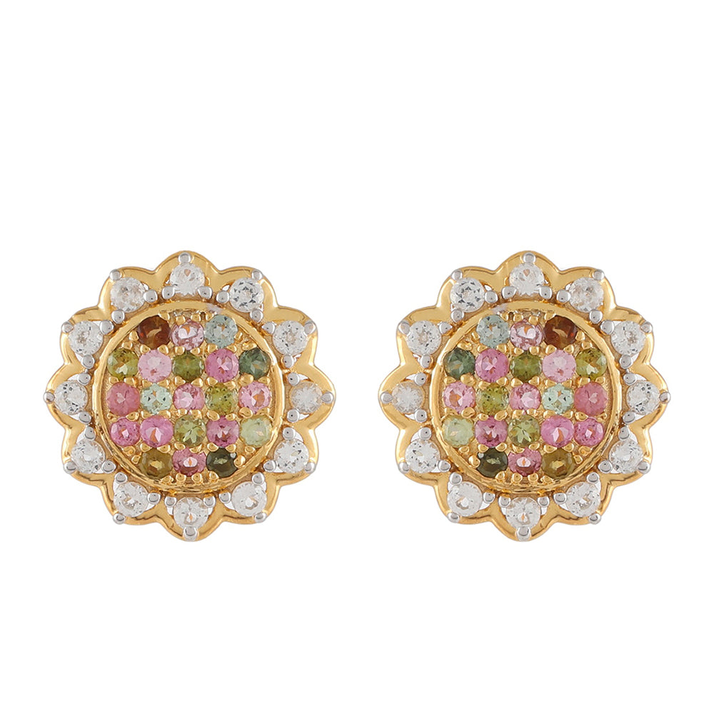 Pozlátené Strieborné Náušnice s Dúhovým Turmalínom z Pelmadulla a Bielym Topásom