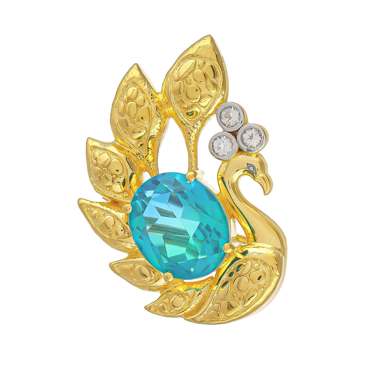 Pozlátený Strieborný Brošňa s Pávím Kremeňom a Bielym Topásom