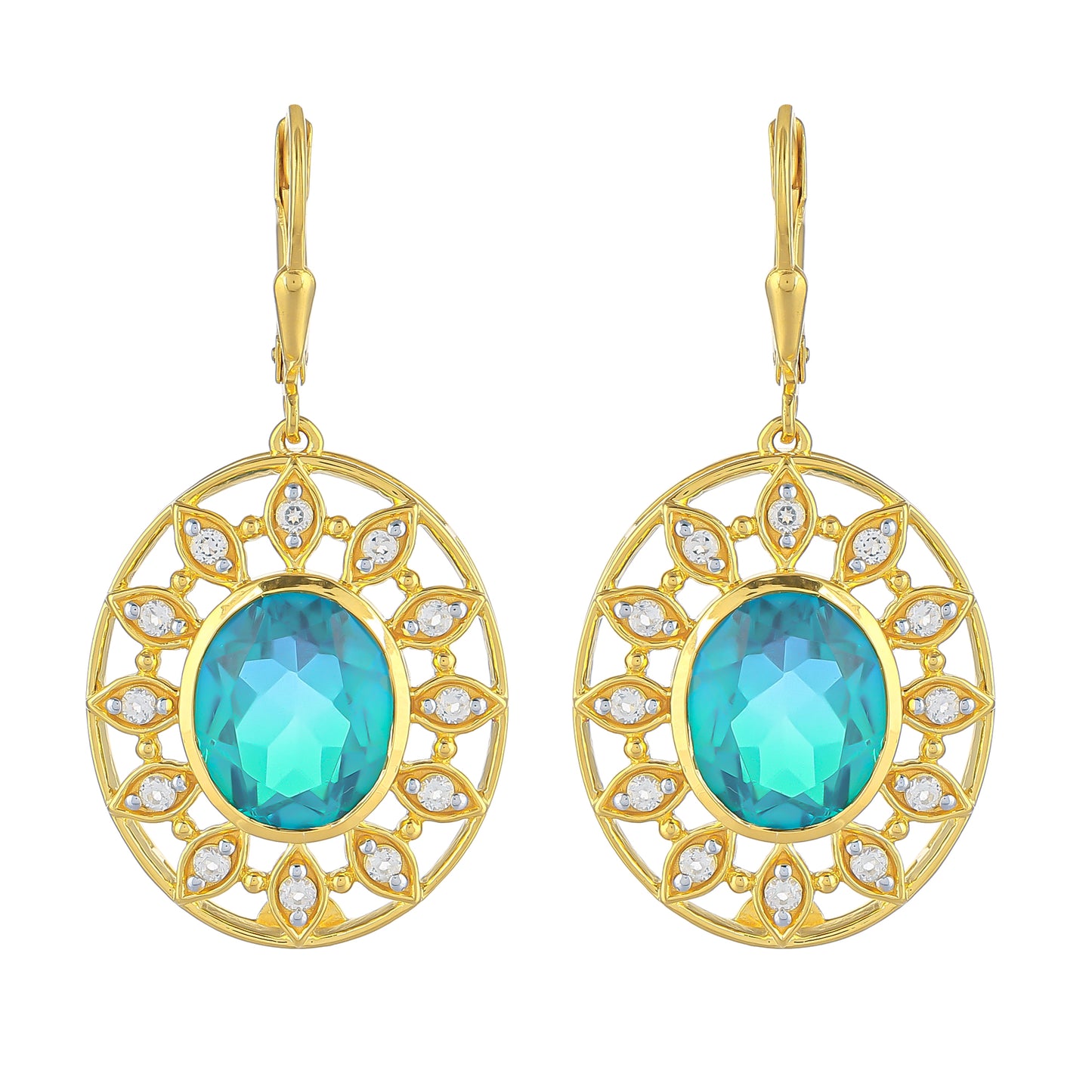 Pozlátené Strieborné Náušnice s Pávím Kremeňom a Bielym Topásom