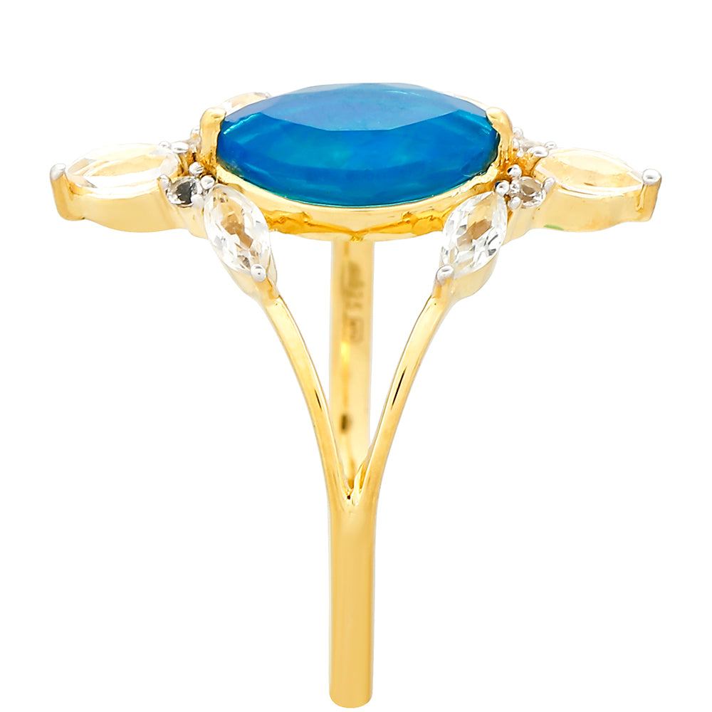 Pozlátený Strieborný Prsteň s Etiópskym Paraiba Modrým Opálom a Bielym Topásom