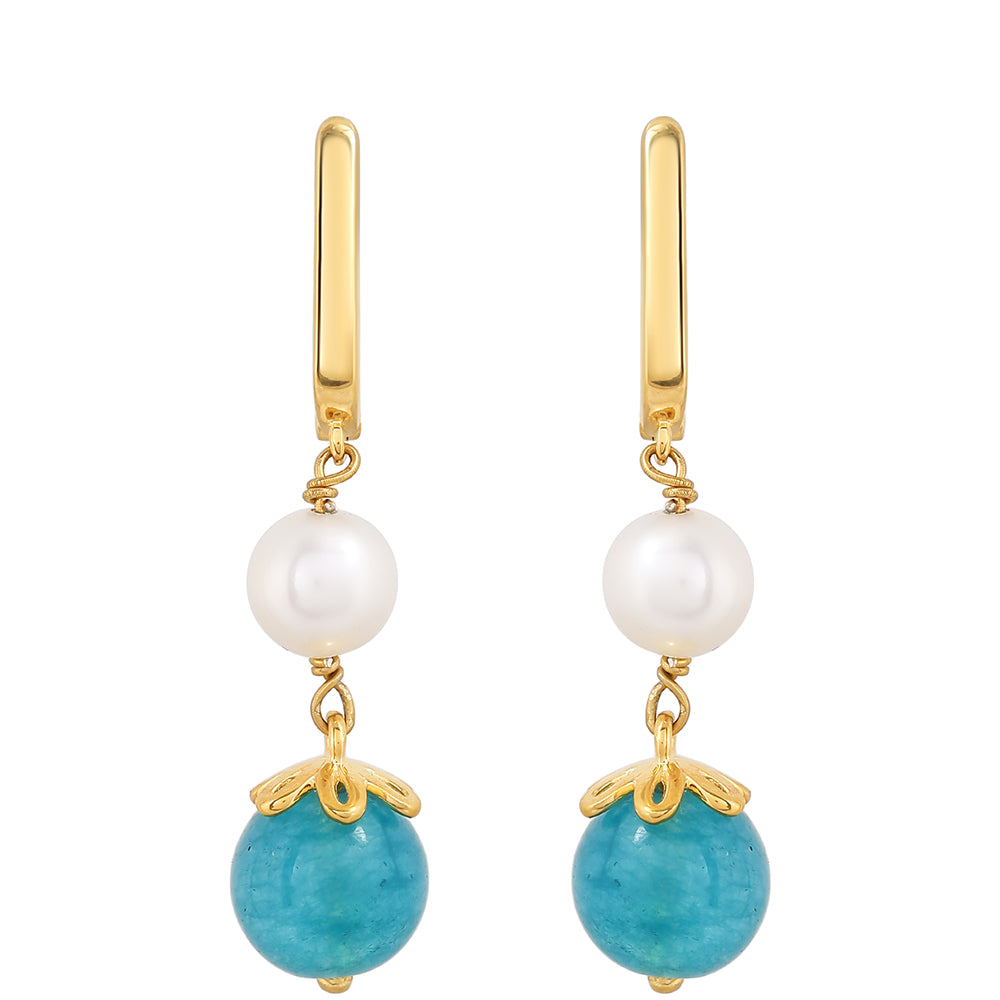 Pozlátené Strieborné Náušnice s Paraiba Kremeňom a Bielou Sladkovodnou Perlou