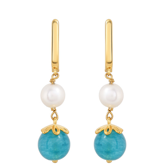 Pozlátené Strieborné Náušnice s Paraiba Kremeňom a Bielou Sladkovodnou Perlou